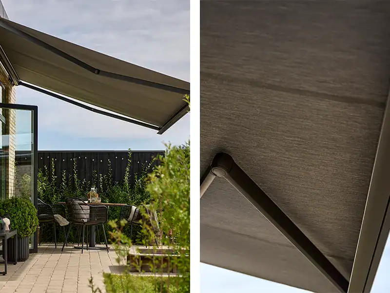 Omega markise skygger på terrasse